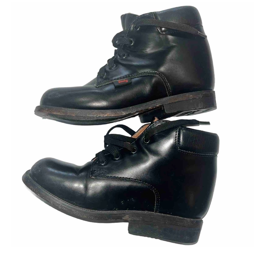 Dinky Kids Black leather vintage COMBAT ANKLE BOOTS,  SHOES lace up, boys size 5